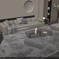 Modern Beige Sofa And Glass Coffee Table Set With Ottoman Geometric Rug