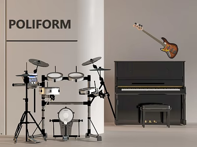 modern musical instrument combination drum set electric guitar microphone 3d model