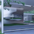 Modern White Pergola Open Structure At Entrance With Trees Road And Pedestrians