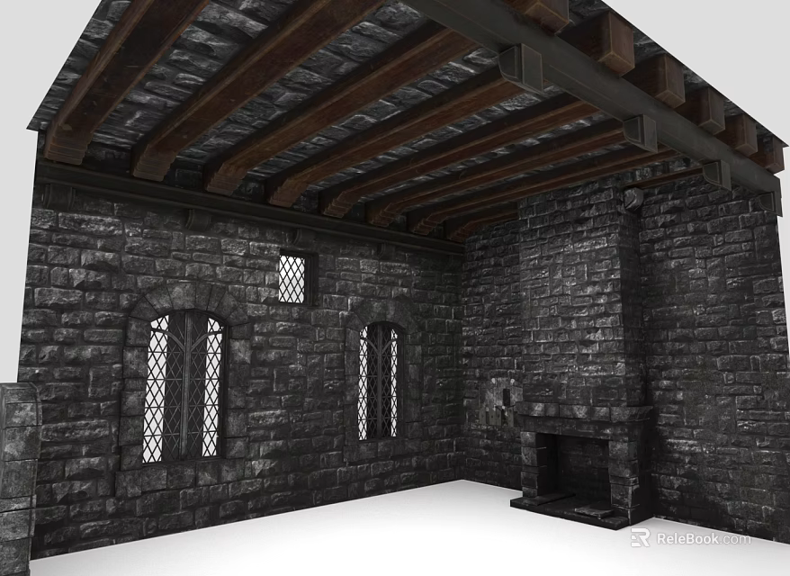 Medieval Stone Room Interior With Arched Windows Wooden Roof Beams And Fireplace 3d model 