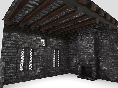 Medieval Stone Room Interior With Arched Windows Wooden Roof Beams And Fireplace 3d model