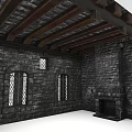 Medieval Stone Room Interior With Arched Windows Wooden Roof Beams And Fireplace