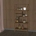Multi tiered Wooden Buffet Cabinet With Storage Jars Green Plant Against Wooden Wall