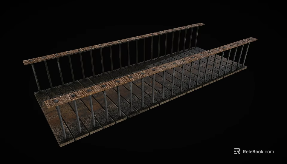 Rustic Wooden Bridge With Metal Railings And Weathered Planks Design 3d model 
