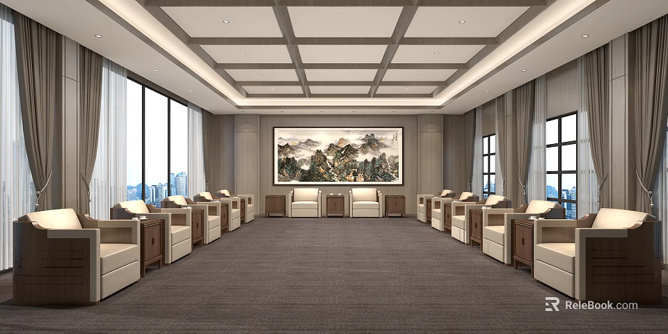Elegant Hotel Public Lounge Area With Comfortable Seating And Scenic Wall Decor 3d model 