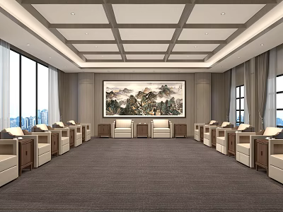 Elegant Hotel Public Lounge Area With Comfortable Seating And Scenic Wall Decor 3d model