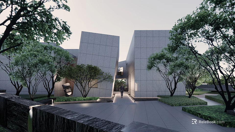 Modern Sales Office Building With Stone Facade And Tree Surrounded Entrance Walkway 3d model 