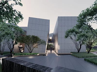 Modern Sales Office Building With Stone Facade And Tree Surrounded Entrance Walkway 3d model