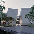 Modern Sales Office Building With Stone Facade And Tree Surrounded Entrance Walkway