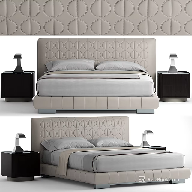 Modern Double Bed with Tufted Circular Pattern Headboard and Nightstands with Table Lamps 3d model 