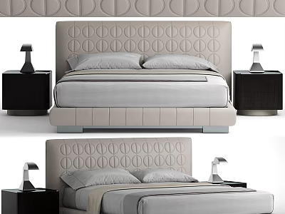 Modern Double Bed with Tufted Circular Pattern Headboard and Nightstands with Table Lamps 3d model
