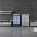 Stainless Steel Modern Kitchen Featuring Range Hood Cooking Range Refrigerator And Storage Cabinet
