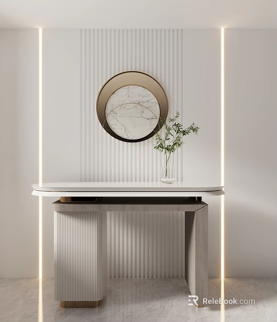 Modern Console Table With Marble Top Round Mirror Green Plant And Lighting Design 3d model 