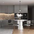 Modern Kitchen Dining Interior With Light Gray Cabinets Marble Backsplash Round Table And Black Chairs 3d model