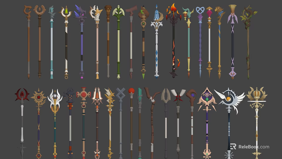 Diverse Fantasy Magic Staff Weapons With Various Designs And Decorative Elements 3d model 