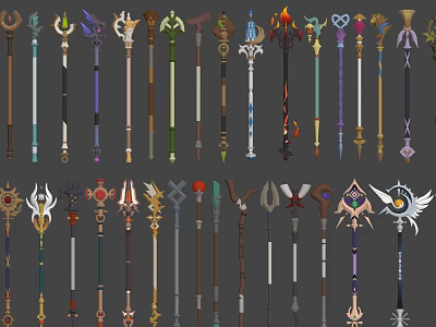 Diverse Fantasy Magic Staff Weapons With Various Designs And Decorative Elements 3d model