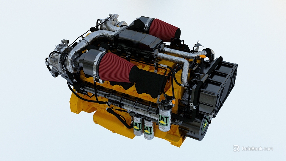 High Performance Turbocharged Engine With Red Intake Filters Yellow Base And Metal Pipes 3d model 
