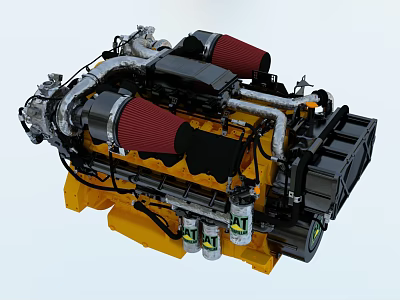 High Performance Turbocharged Engine With Red Intake Filters Yellow Base And Metal Pipes 3d model
