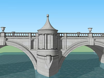 Landscape Stone Bridge with Arched Central Tower Ornate Railing Vases Over Water Against Blue Sky 3d model