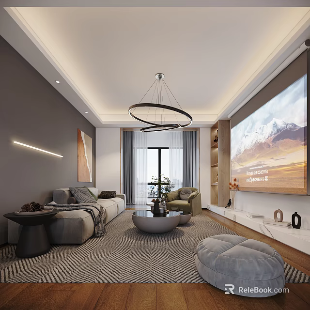 Modern Minimalist Living Room With Soft Sofa Large Projection Screen And Warm Elegant Interior Design 3d model 