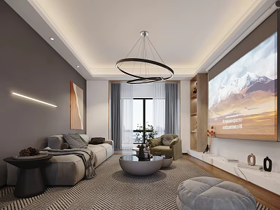Modern Minimalist Living Room With Soft Sofa Large Projection Screen And Warm Elegant Interior Design 3d model