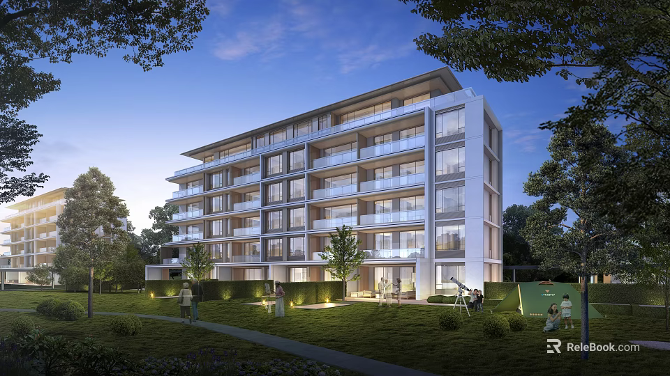 Modern Residential Multi Storey Apartment Building With Lawn Trees And Green Spaces 3d model 