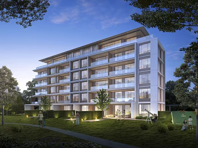 Modern Residential Multi Storey Apartment Building With Lawn Trees And Green Spaces 3d model