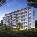 Modern Residential Multi Storey Apartment Building With Lawn Trees And Green Spaces