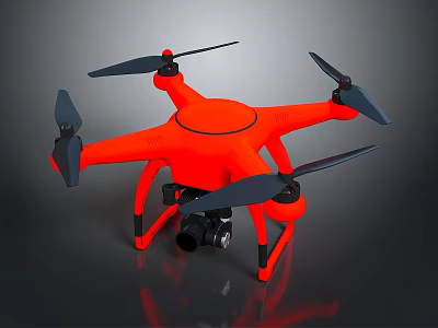 Modern Orange Drone With Four Propellers And Mounted Camera Design 3d model
