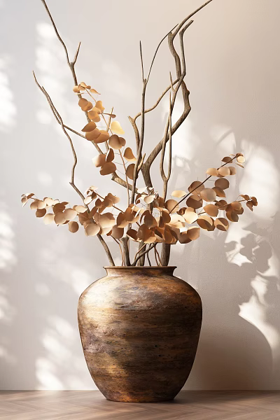 Ceramic Vase Featuring Golden Leaves And Branches On Light Wall With Light And Shadow Effects 3d model