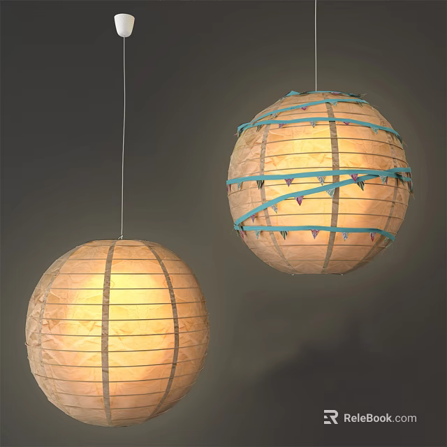Two Spherical Paper Pendant Lights With Striped Design Blue Bands And Warm Glowing Light 3d model 