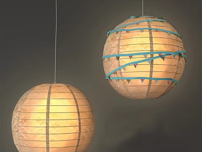 Two Spherical Paper Pendant Lights With Striped Design Blue Bands And Warm Glowing Light 3d model