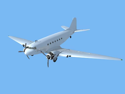 White Classic Passenger Aircraft Flying in Clear Blue Sky with Propeller Engines and Extended Wings 3d model
