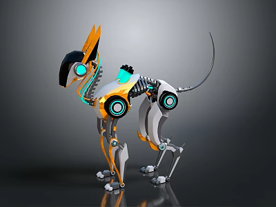 Smart Mechanical Dog With Orange Black Parts Blue Glowing Eyes And Skeleton Structure 3d model