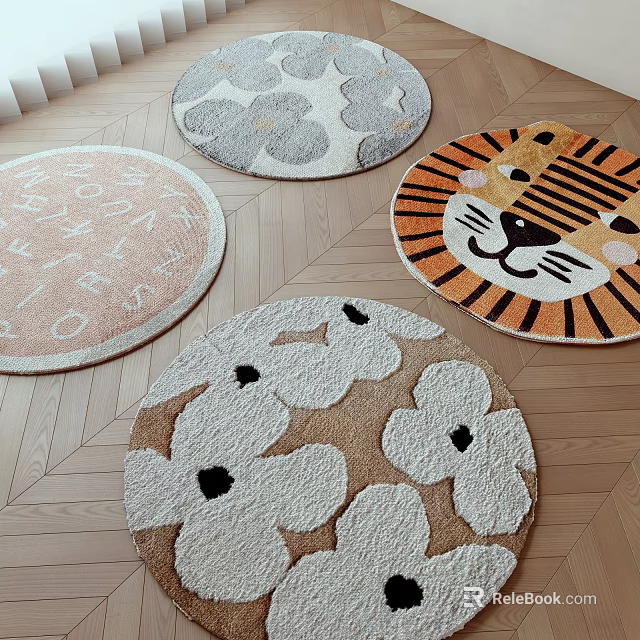 Round Rugs With Floral Tiger Letter Patterns On Parquet Floor 3d model 