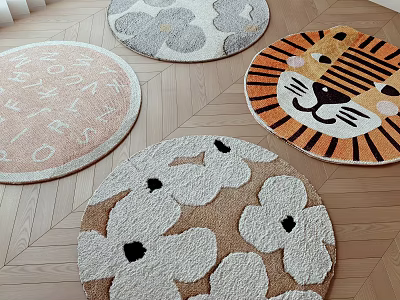 Round Rugs With Floral Tiger Letter Patterns On Parquet Floor 3d model