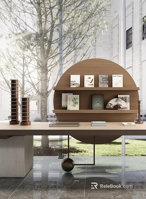 Circular Wooden Bookshelf With Books Lamp Decor And Table In Tree Building Background 3d model 