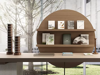 Circular Wooden Bookshelf With Books Lamp Decor And Table In Tree Building Background 3d model