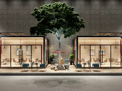 Modern Cafe With Large Centered Tree Glass Walls Indoor Tables Chairs And Green Plants 3d model