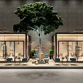 Modern Cafe With Large Centered Tree Glass Walls Indoor Tables Chairs And Green Plants