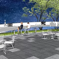 Comfortable Outdoor Chairs In Starry Night Plaza With Trees And Tables For Leisure
