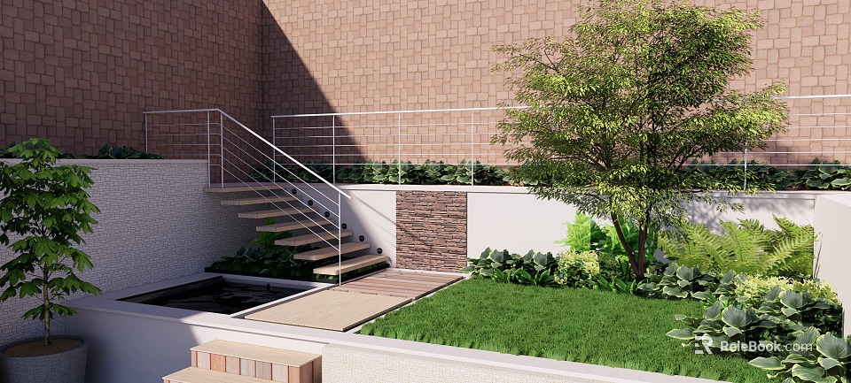 Modern Courtyard Garden With Staircase Railing Green Lawn Plants And Brick Wall 3d model 