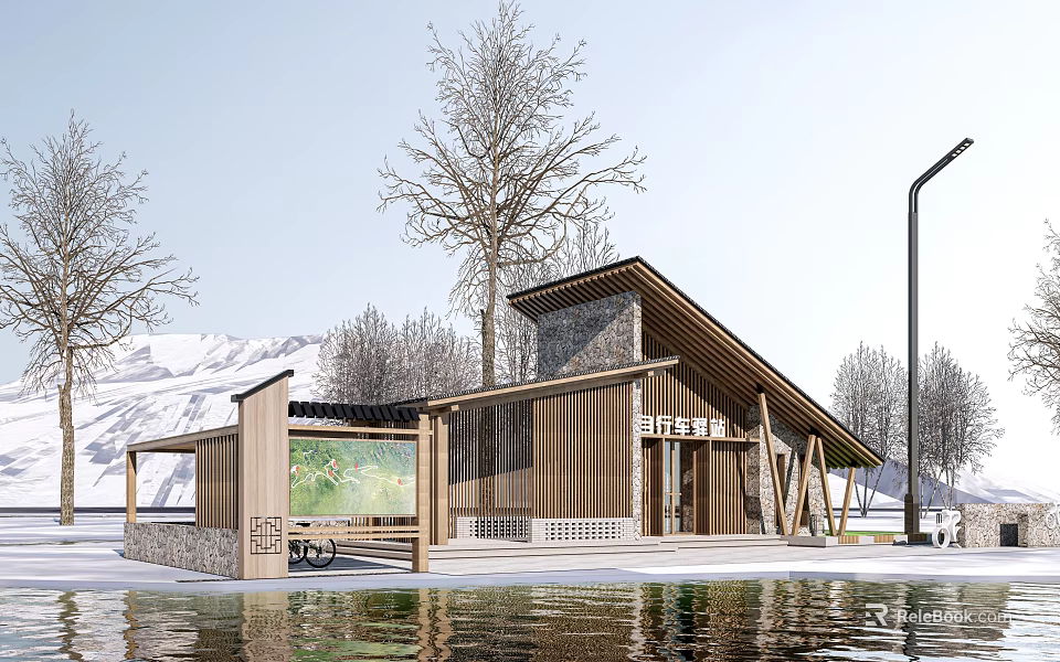 Modern Wooden Visitor Center By Water With Snow Mountain Backdrop And Trees 3d model 