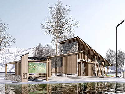 Modern Wooden Visitor Center By Water With Snow Mountain Backdrop And Trees 3d model