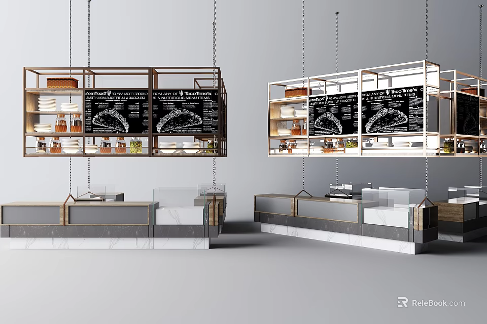 Modern Bar Counter With Marble Top Hanging Menu Boards And Storage Shelves 3d model 