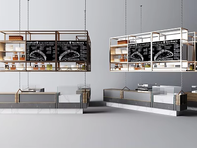 Modern Bar Counter With Marble Top Hanging Menu Boards And Storage Shelves 3d model