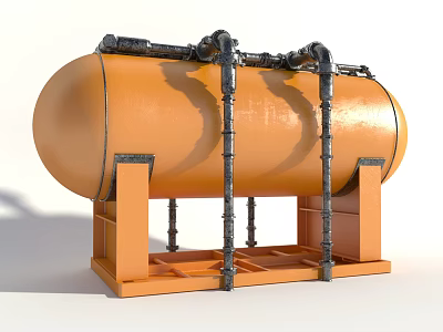 Orange Industrial Storage Tank With Steel Support And Metal Pipes Structure 3d model