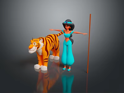 3D Animated Princess Jasmine With Tiger Rajah In Blue Outfit And Open Arms 3d model