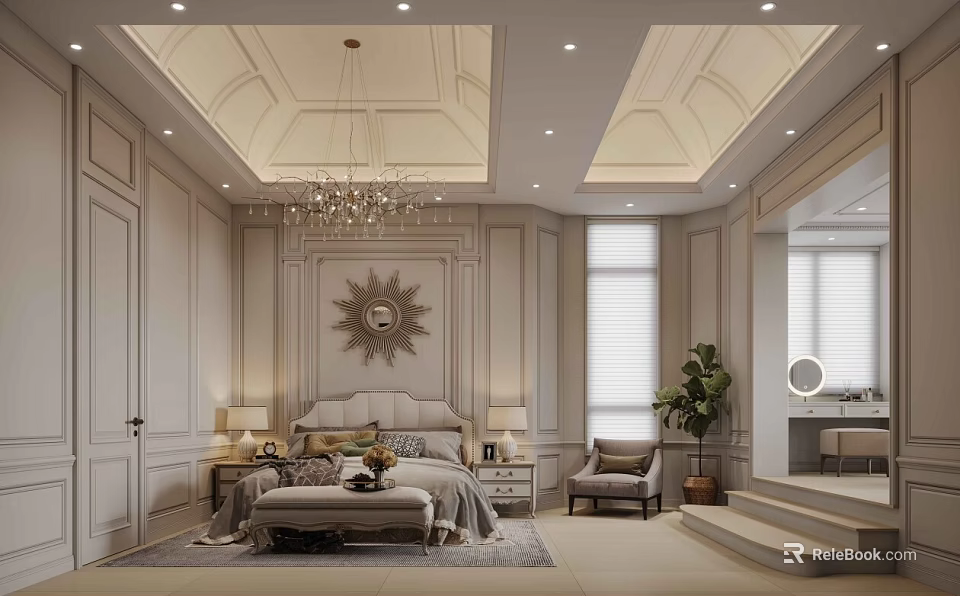 Elegant Classic Bedroom Interior Design With Sunburst Mirror Chandelier Ceiling Moldings And Rug 3d model 