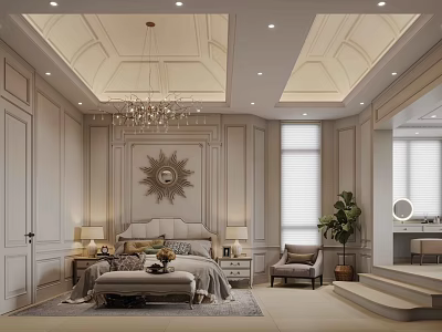 Elegant Classic Bedroom Interior Design With Sunburst Mirror Chandelier Ceiling Moldings And Rug 3d model